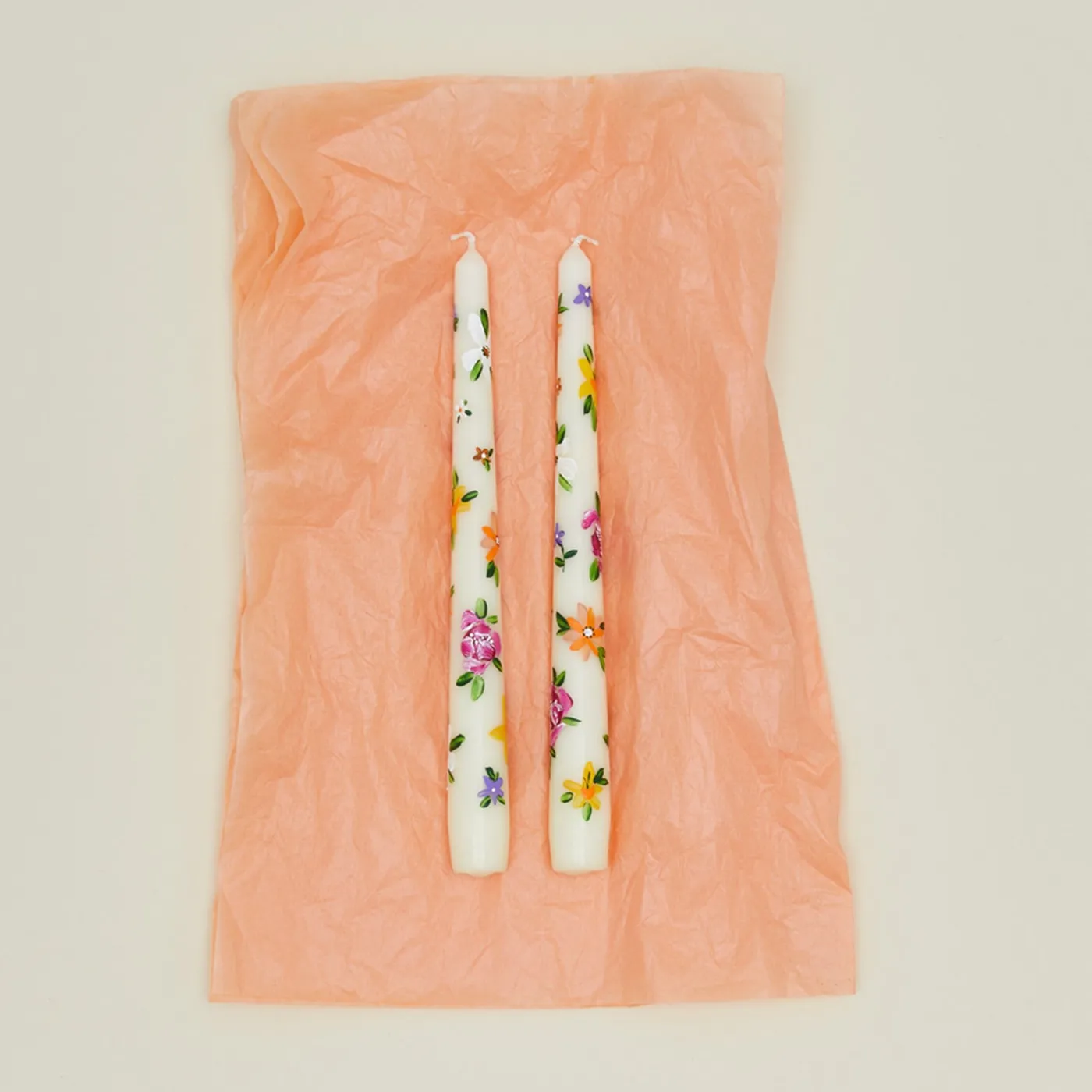 Floral Handpainted Taper Pair - White