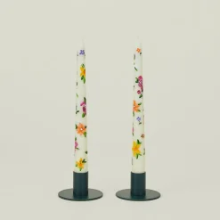 Floral Handpainted Taper Pair - White
