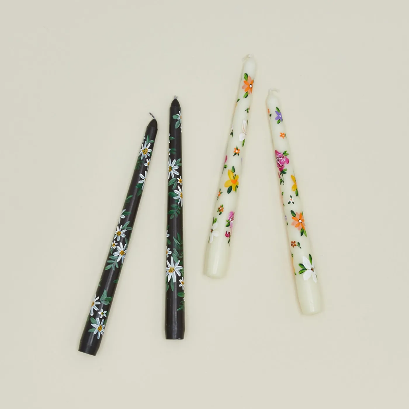 Floral Handpainted Taper Pair - White